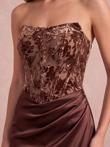 Chocolate Brown Sheath Floor Length Burnout Velvet Satin Wedding Guest Dresses Strapless Corset Formal Dresses