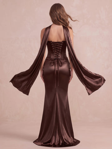 Chocolate Brown Mermaid Floor Length Satin Wedding Guest Dresses Halter Strapless Evening Dresses