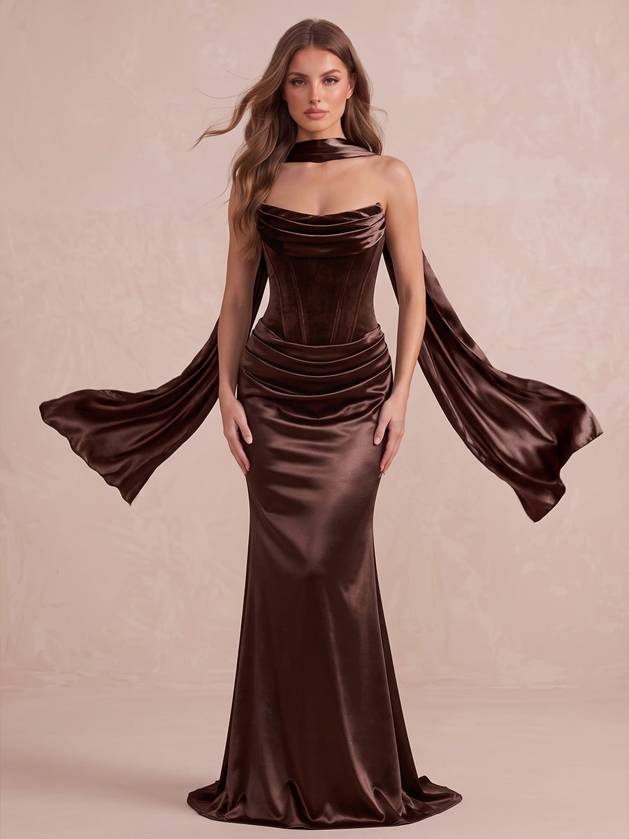 Chocolate Brown Mermaid Floor Length Satin Wedding Guest Dresses Halter Strapless Evening Dresses