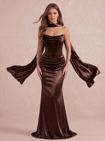 Chocolate Brown Mermaid Floor Length Satin Wedding Guest Dresses Halter Strapless Evening Dresses