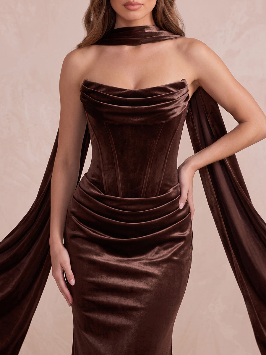 Chocolate Brown Mermaid Floor Length Satin Wedding Guest Dresses Halter Strapless Evening Dresses