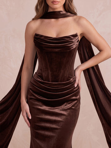 Chocolate Brown Mermaid Floor Length Satin Wedding Guest Dresses Halter Strapless Evening Dresses