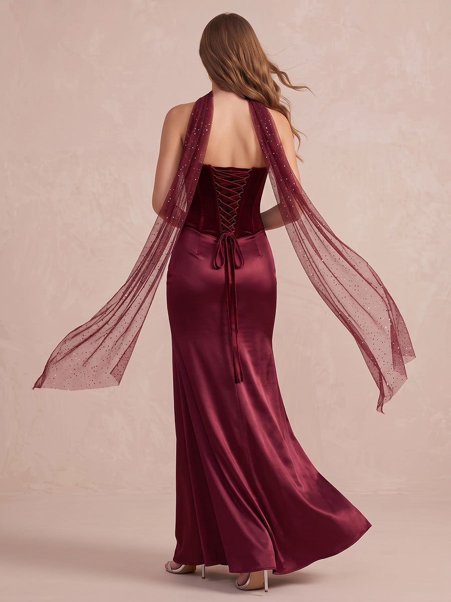 Burgundy Mermaid Long Velvet Wedding Guest Dresses Sweetheart Corest Satin Evening Dresses