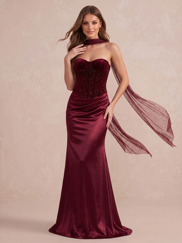 Burgundy Mermaid Long Velvet Wedding Guest Dresses Sweetheart Corest Satin Evening Dresses