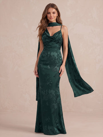 Emerald Green Mermaid Long Jacquard Satin Wedding Guest Dresses Cowl Neck Formal Dresses