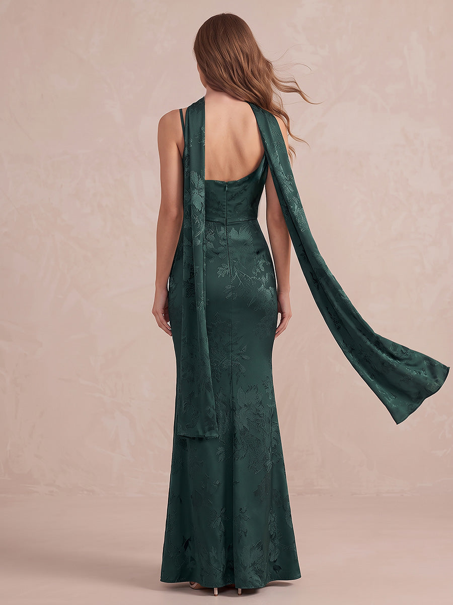 Emerald Green Mermaid Long Jacquard Satin Wedding Guest Dresses Cowl Neck Formal Dresses