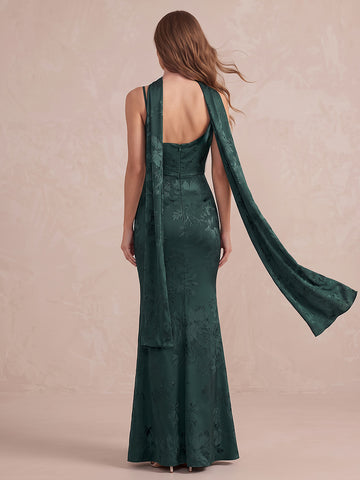 Emerald Green Mermaid Long Jacquard Satin Wedding Guest Dresses Cowl Neck Formal Dresses