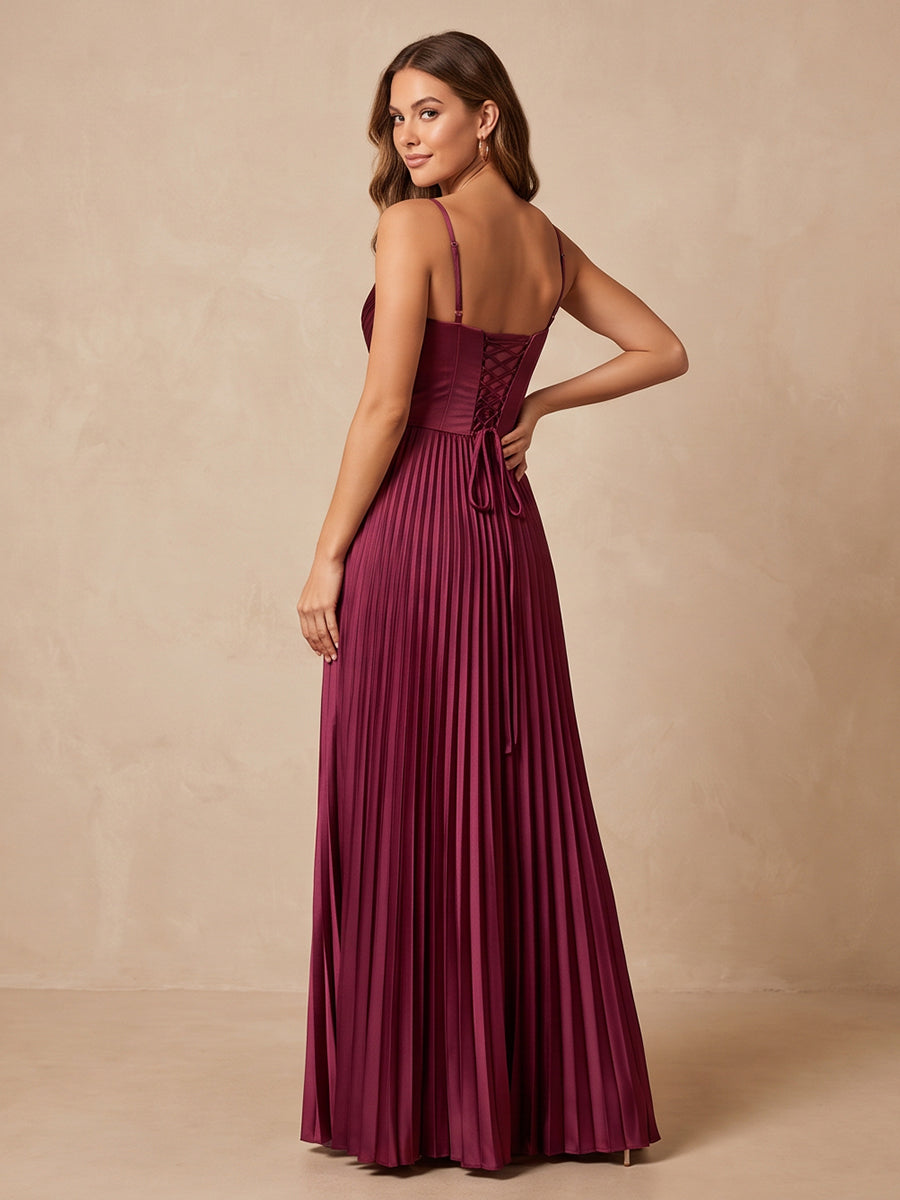 Burgundy A Line Long Pleated Satin Wedding Guest Dresses V Neck Formal Dresses