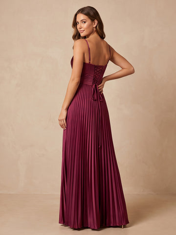 Burgundy A Line Long Pleated Satin Wedding Guest Dresses V Neck Formal Dresses