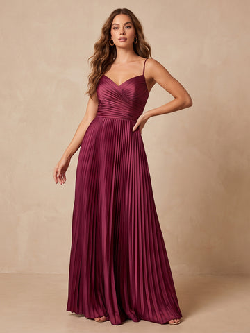 Burgundy A Line Long Pleated Satin Wedding Guest Dresses V Neck Formal Dresses
