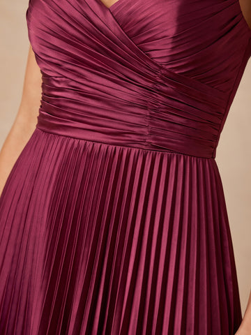 Burgundy A Line Long Pleated Satin Wedding Guest Dresses V Neck Formal Dresses