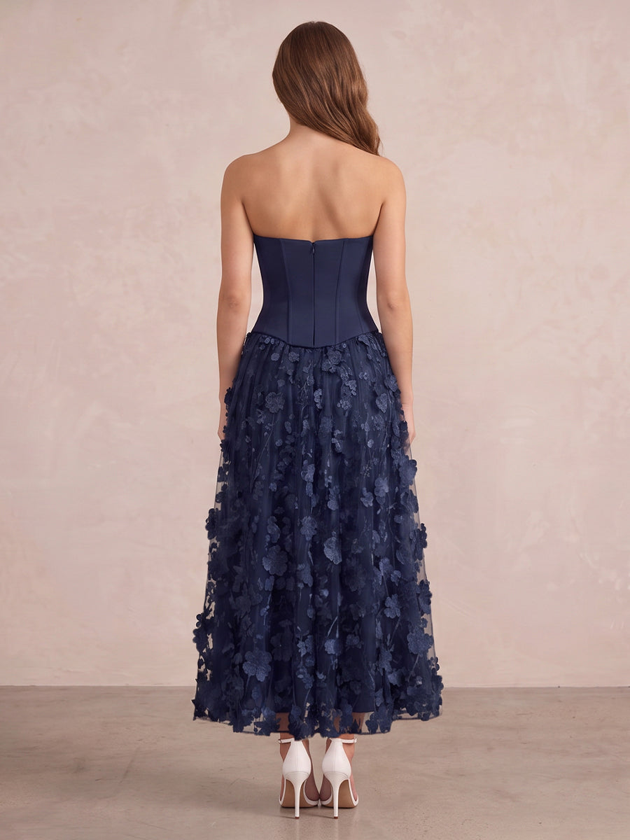 Navy Blue A Line Ankle Length 3D Floral Tulle Wedding Guest Dresses Strapless Sweetheart Formal Dresses