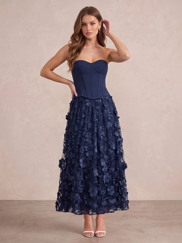 Navy Blue A Line Ankle Length 3D Floral Tulle Wedding Guest Dresses Strapless Sweetheart Formal Dresses