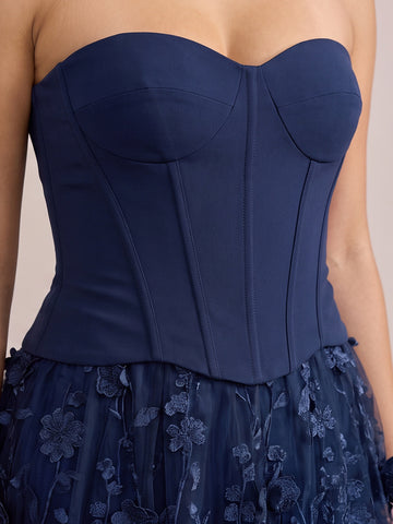 Navy Blue A Line Ankle Length 3D Floral Tulle Wedding Guest Dresses Strapless Sweetheart Formal Dresses