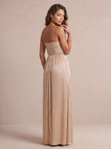 Champagne A Line Floor Length Pleated Metallic Satin Wedding Guest Dresses Sweetheart Neck Formal Dresses