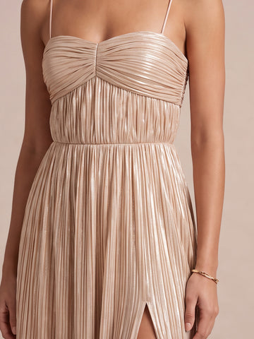 Champagne A Line Floor Length Pleated Metallic Satin Wedding Guest Dresses Sweetheart Neck Formal Dresses