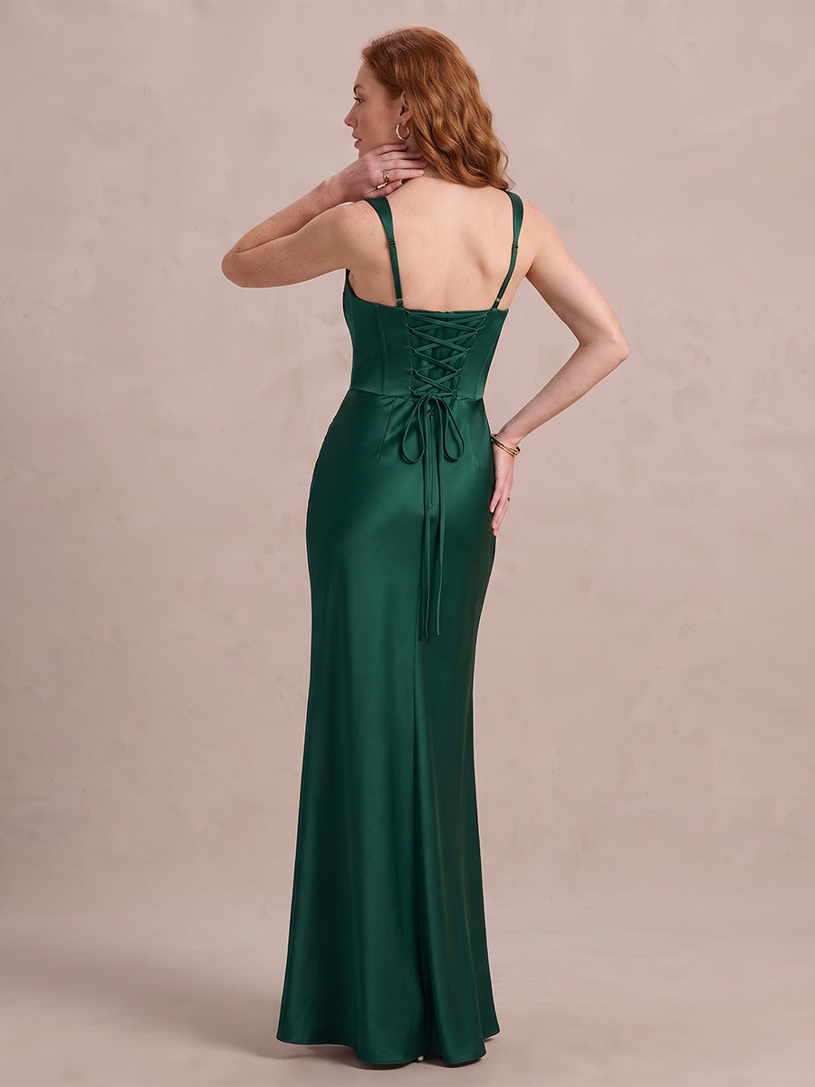 Emerald Green Mermaid Long Satin Wedding Guest Dresses Corset Sweetheart Neck Formal Dresses