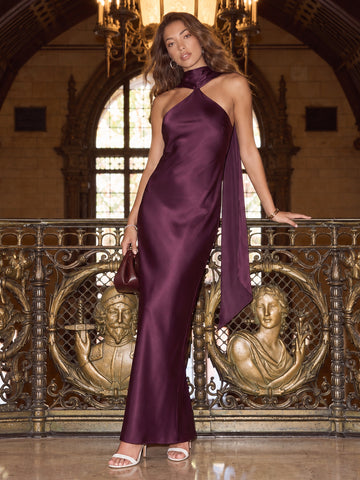 Plum Sheath Floor Length Satin Wedding Guest Dresses Halter Neck Formal Dresses