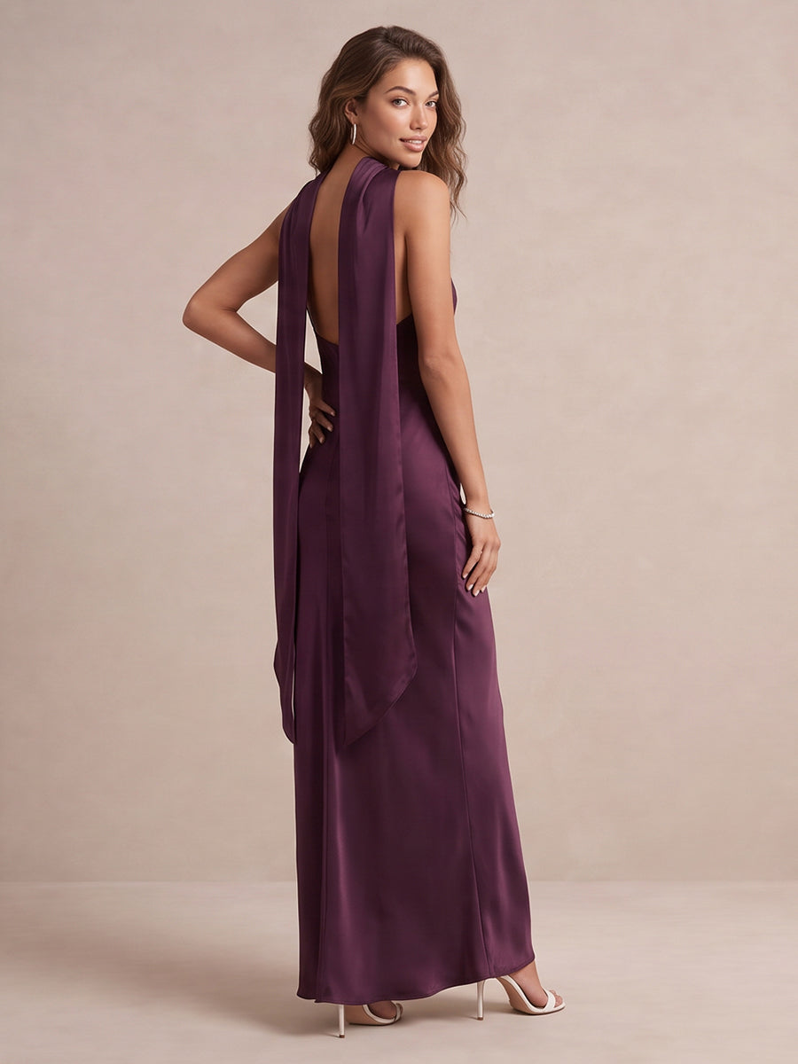 Plum Sheath Floor Length Satin Wedding Guest Dresses Halter Neck Formal Dresses