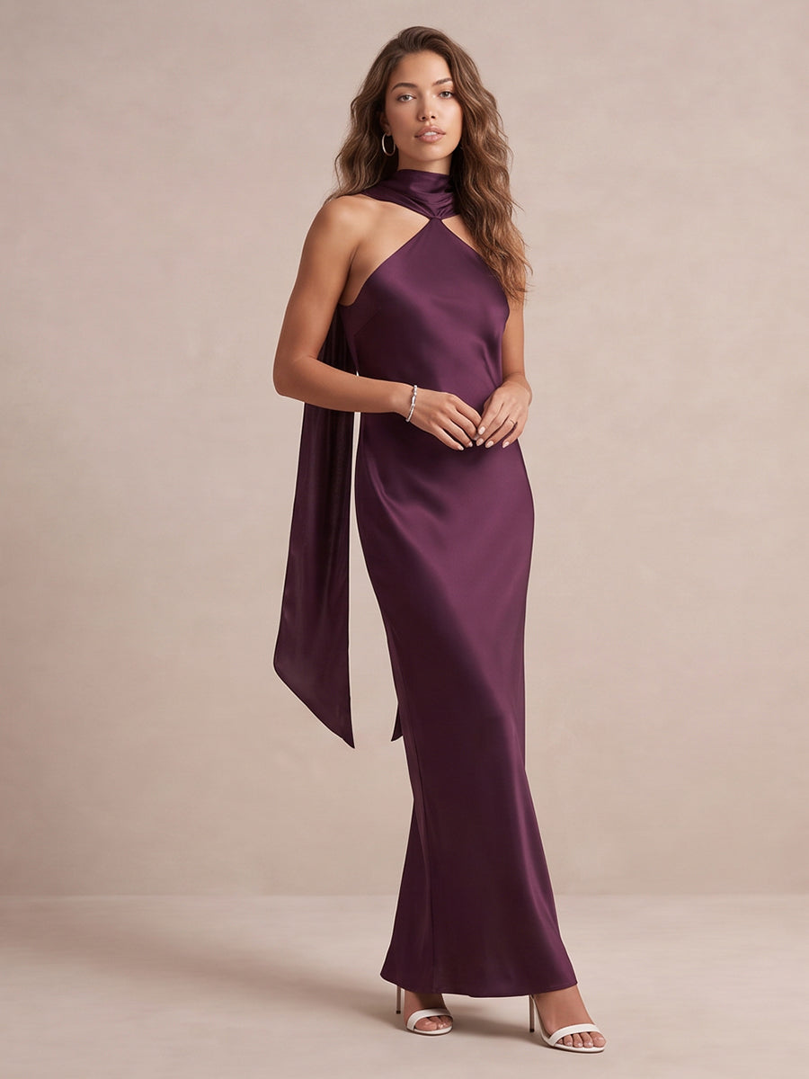 Plum Sheath Floor Length Satin Wedding Guest Dresses Halter Neck Formal Dresses