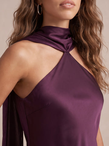 Plum Sheath Floor Length Satin Wedding Guest Dresses Halter Neck Formal Dresses