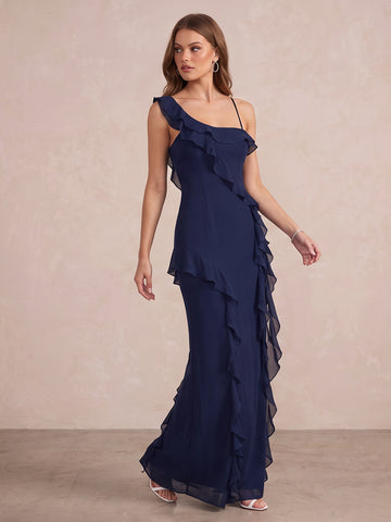 Navy Blue Mermaid Ankle Length Chiffon Wedding Guest Dresses One Shoulder Formal Dresses