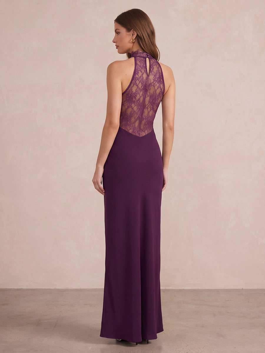 Plum Mermaid Floor Length Chiffon With Lace Inserts Wedding Guest Dresses Cowl Neck Formal Dresses