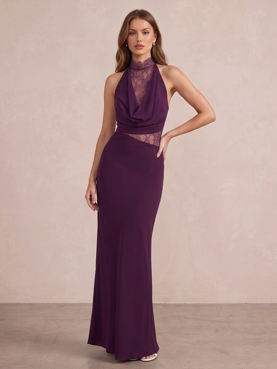 Plum Mermaid Floor Length Chiffon With Lace Inserts Wedding Guest Dresses Cowl Neck Formal Dresses