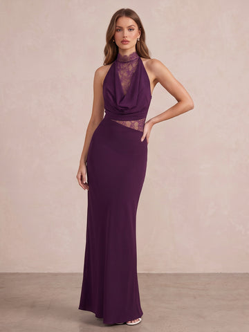 Plum Mermaid Floor Length Chiffon With Lace Inserts Wedding Guest Dresses Cowl Neck Formal Dresses