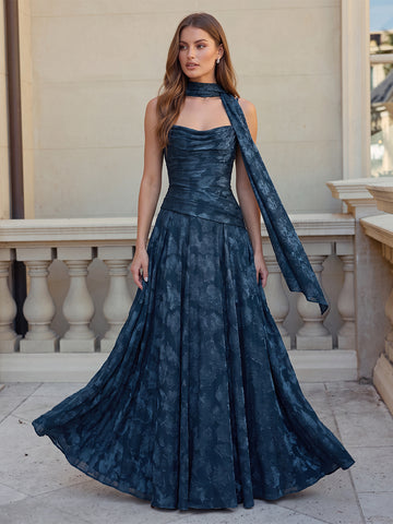 Navy Blue A Line Long Burnout Fabric Wedding Guest Dresses Halter Cowl Neck Formal Dresses