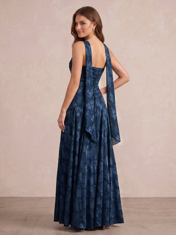 Navy Blue A Line Long Burnout Fabric Wedding Guest Dresses Halter Cowl Neck Formal Dresses