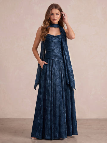 Navy Blue A Line Long Burnout Fabric Wedding Guest Dresses Halter Cowl Neck Formal Dresses