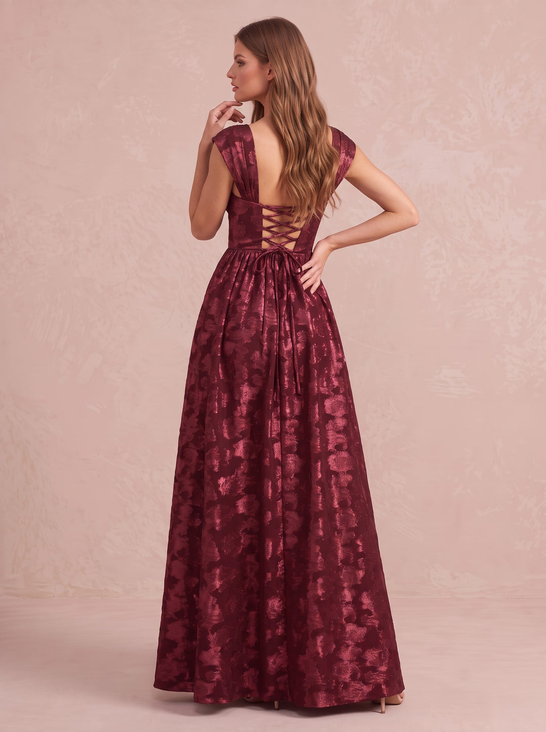 Burgundy A Line Floor Length Burnout Wedding Guest Dresses Square Neck Corset Formal Dresses