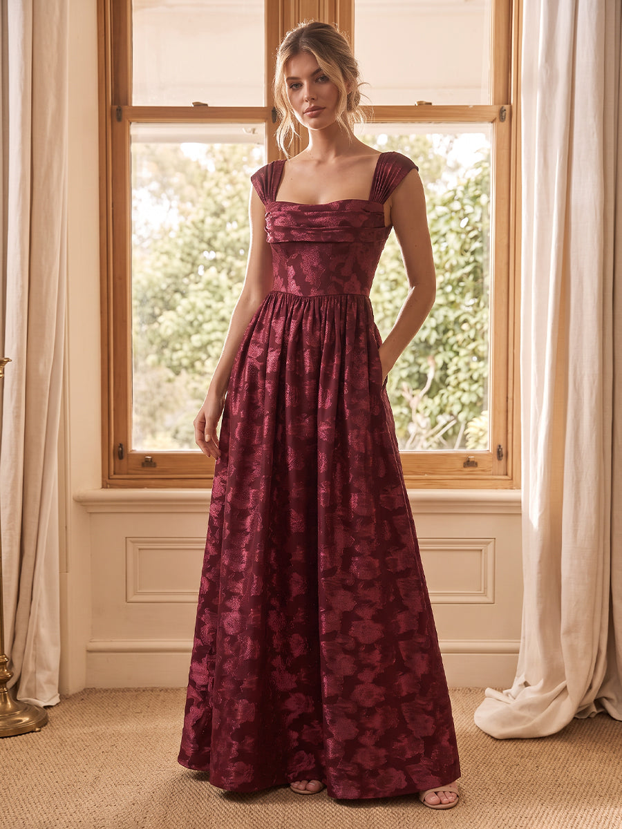 Burgundy A Line Floor Length Burnout Wedding Guest Dresses Square Neck Corset Formal Dresses