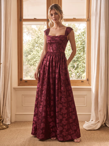 Burgundy A Line Floor Length Burnout Wedding Guest Dresses Square Neck Corset Formal Dresses
