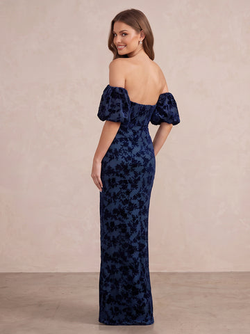 Navy Blue Mermaid Long Jacquard Velvet Wedding Guest Dresses Off Shoulder Formal Dresses