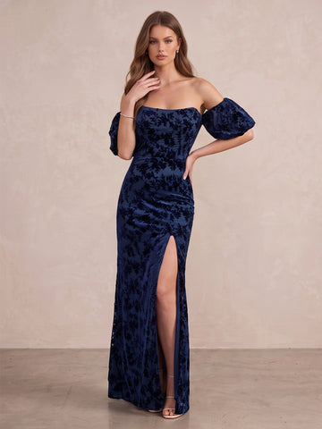 Navy Blue Mermaid Long Jacquard Velvet Wedding Guest Dresses Off Shoulder Formal Dresses