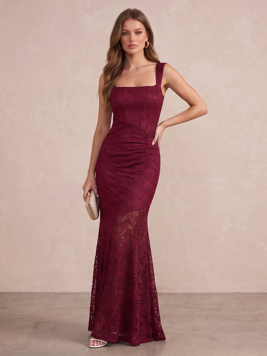 Burgundy Mermaid Floor Length Lace Wedding Guest Dresses Square Neck Formal Dresses