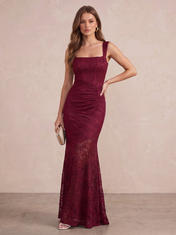 Burgundy Mermaid Floor Length Lace Wedding Guest Dresses Square Neck Formal Dresses