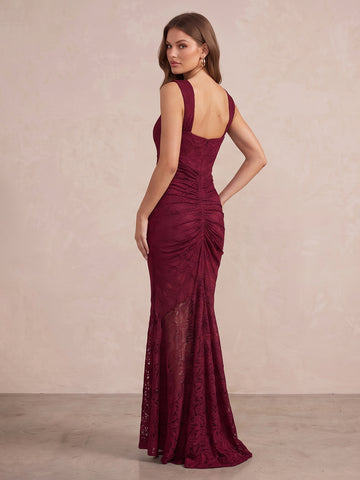 Burgundy Mermaid Floor Length Lace Wedding Guest Dresses Square Neck Formal Dresses