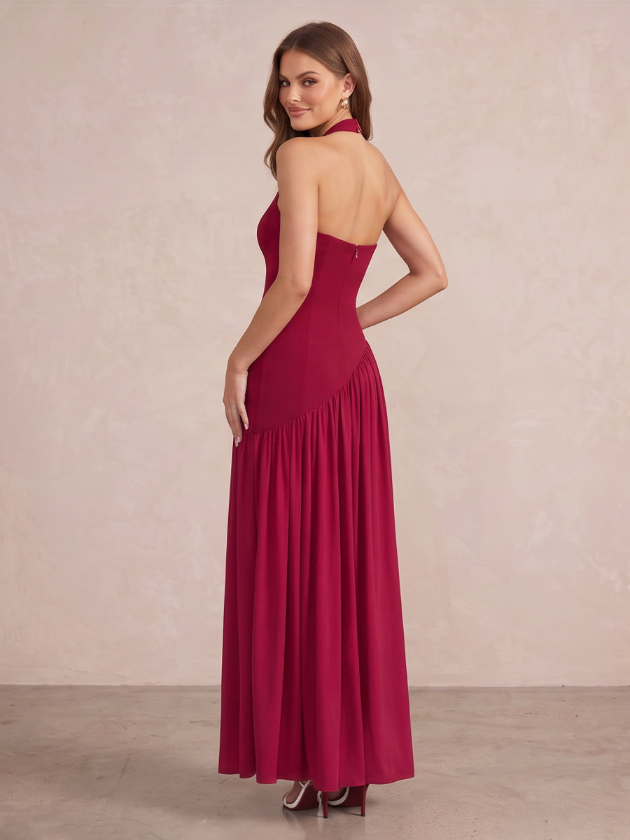 Wine Red A Line Ankle Length Wedding Guest Dresses Halter V Neck Formal Dresses