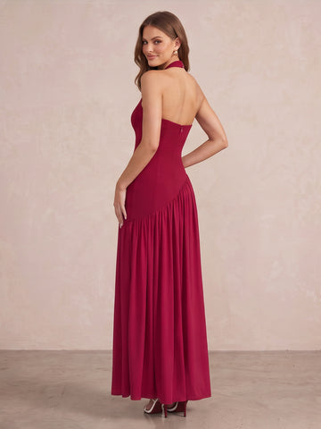 Wine Red A Line Ankle Length Wedding Guest Dresses Halter V Neck Formal Dresses