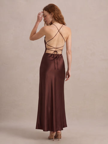 Brown Sheath Ankle Length Satin Wedding Guest Dresses with Lace V Neck Formal Dresses