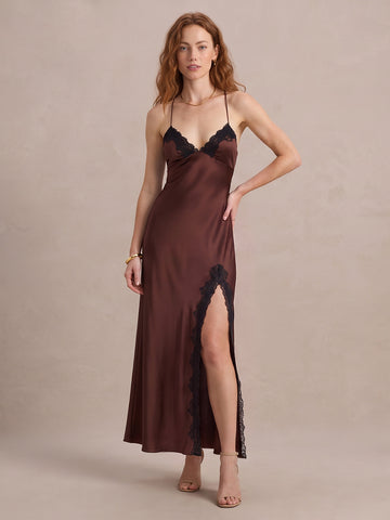 Brown Sheath Ankle Length Satin Wedding Guest Dresses with Lace V Neck Formal Dresses
