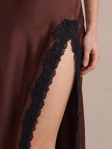 Brown Sheath Ankle Length Satin Wedding Guest Dresses with Lace V Neck Formal Dresses