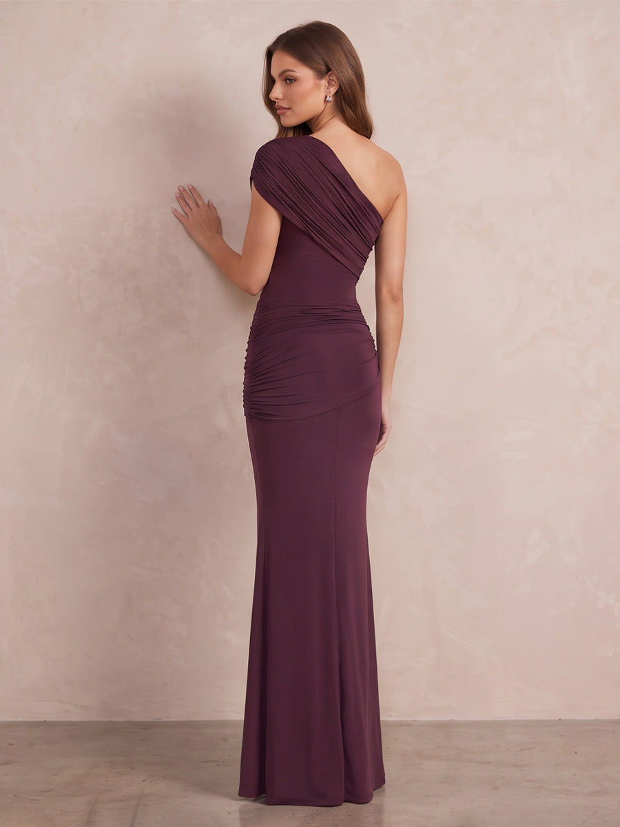 Mulberry Sheath Long Luxe Stretch Jersey Wedding Guest Dresses One Shoulder Formal Dresses