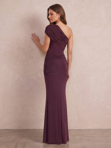 Mulberry Sheath Long Luxe Stretch Jersey Wedding Guest Dresses One Shoulder Formal Dresses