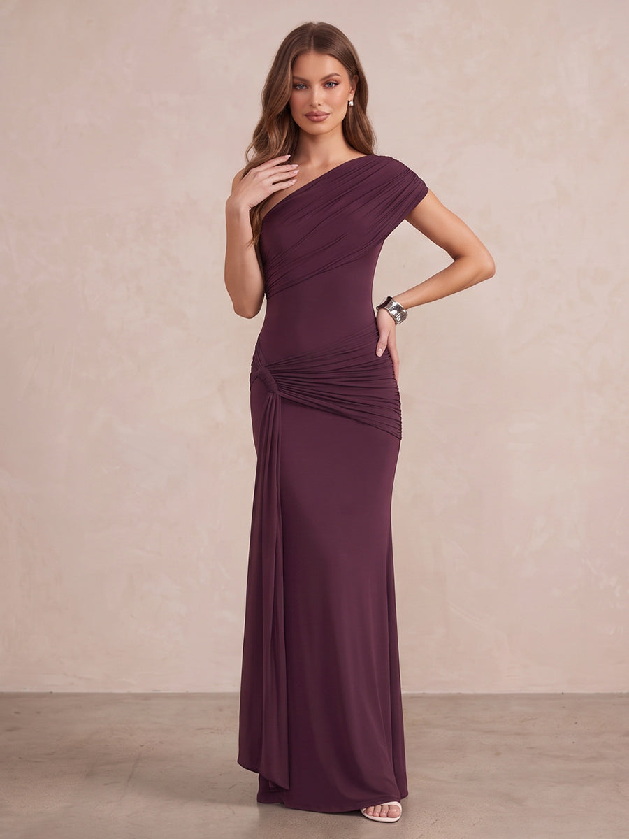 Mulberry Sheath Long Luxe Stretch Jersey Wedding Guest Dresses One Shoulder Formal Dresses