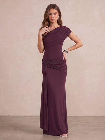 Mulberry Sheath Long Luxe Stretch Jersey Wedding Guest Dresses One Shoulder Formal Dresses