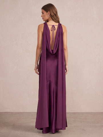 Plum Mermaid Long Satin Wedding Guest Dresses Cowl Neck Formal Dresses